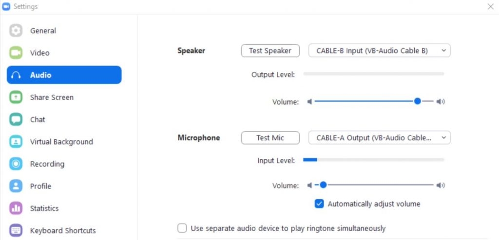 Audio settings connecting Zoom and vMix