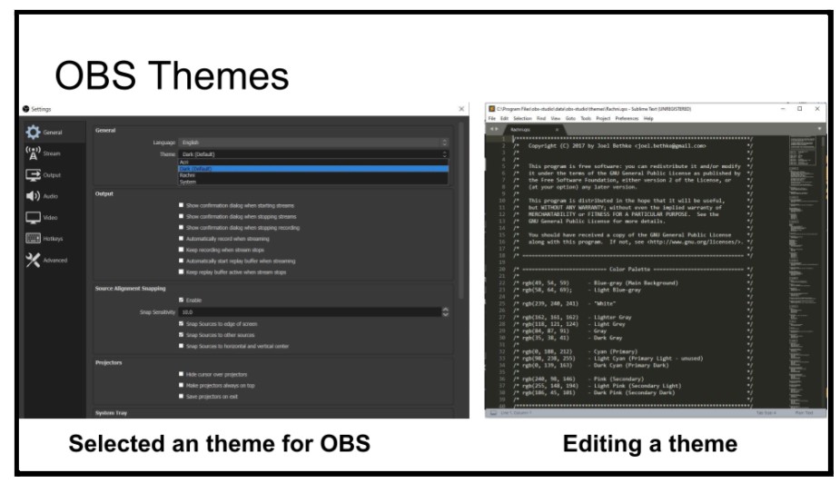Themes can be selected in the OBS settings and edited from the main OBS themes folder.