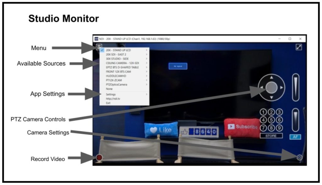 Studio Monitor connected to a PTZ camera will reveal PTZ camera controls.