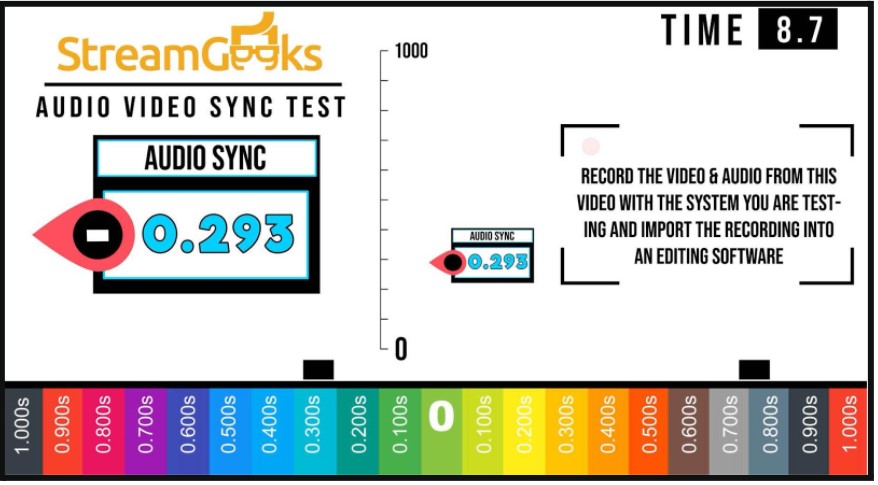 The Audio Video Sync Test tool is a 10 second video that includes information you can use to sync audio and video in OBS.
