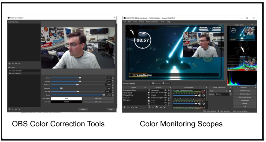 Color monitoring scopes can be added to the OBS interface as a side panel.