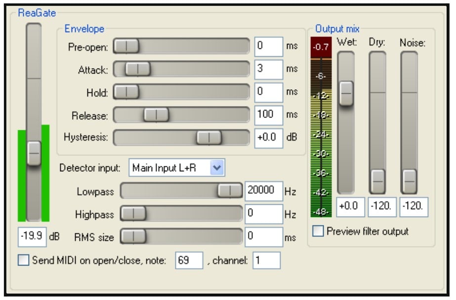 ReaGate is a free VST 2 plugin available for use with OBS. 
