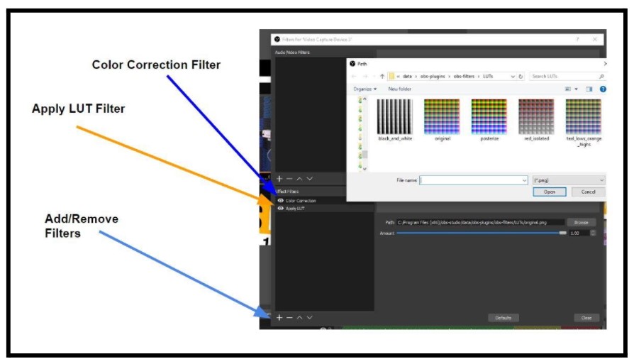 LUT files are stored on your computer and used by OBS to apply the filter.