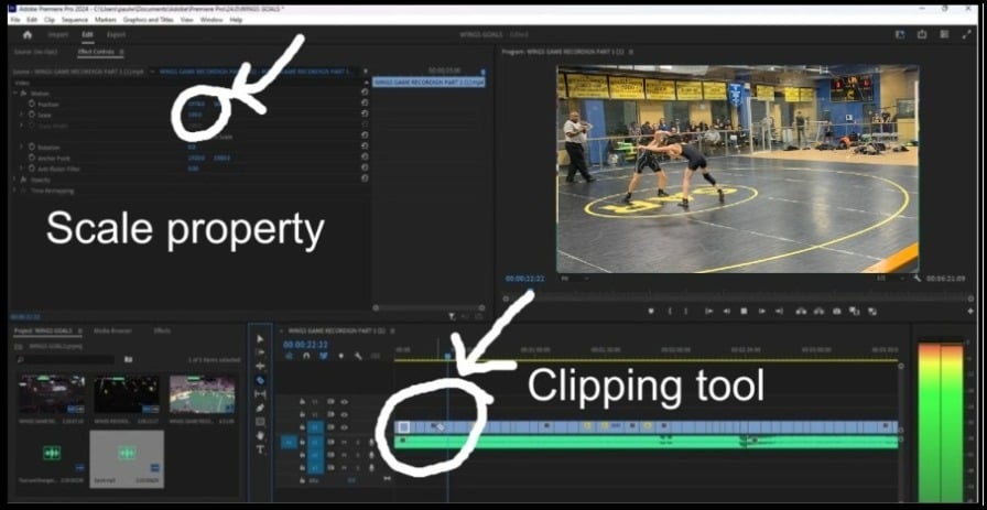 Adobe Premier, pictured above, is a video editing software. Using 4K video footage in a 1080p composition workspace allows for 200% digital cropping without pixelation. 