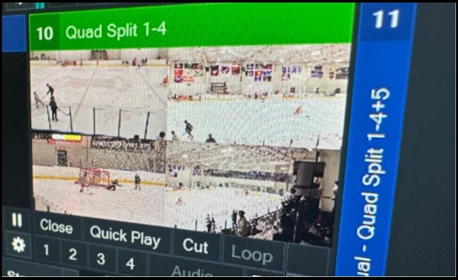 This “Quad Split” was used to record four camera views during a varsity hockey match.