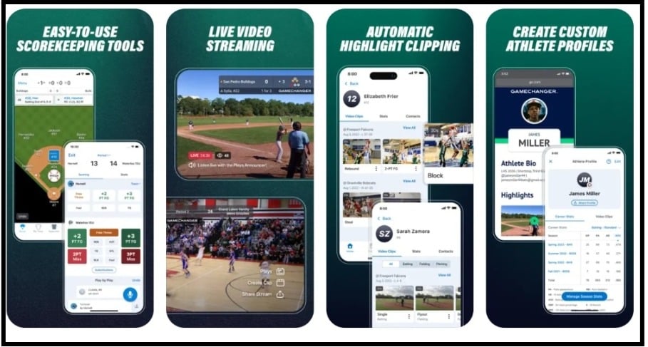 The GameChanger App for live streaming, brings together team rosters, scorekeeping, live video streaming, highlight reels and athlete profiles.