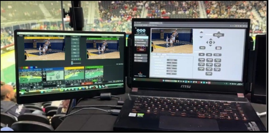 vMix is a professional video production software running on a Windows laptop. being used to simultaneously record four video signals for sports analytics. 